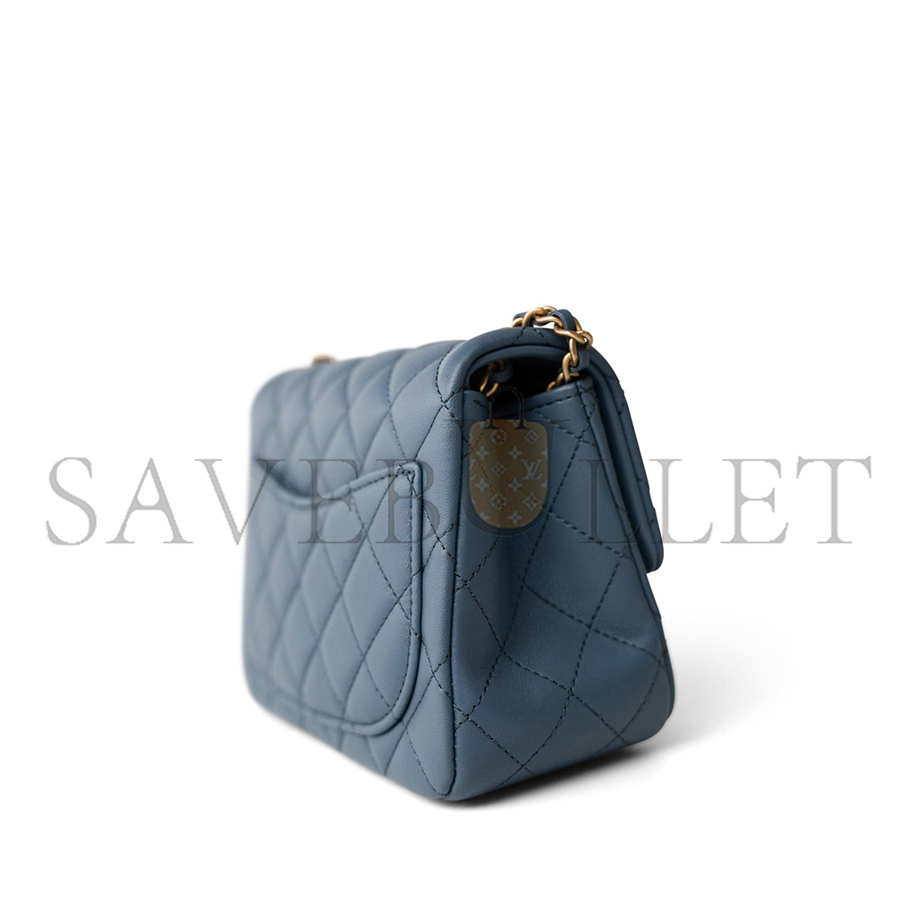 Ch*el master gold ball flap bag cf fatty fang denim blue as1786 (18*13*7cm)